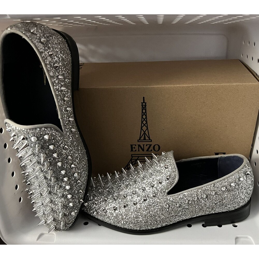 Enzo Men's Silver Spiked Slip On Dress Shoes Size 7.5
